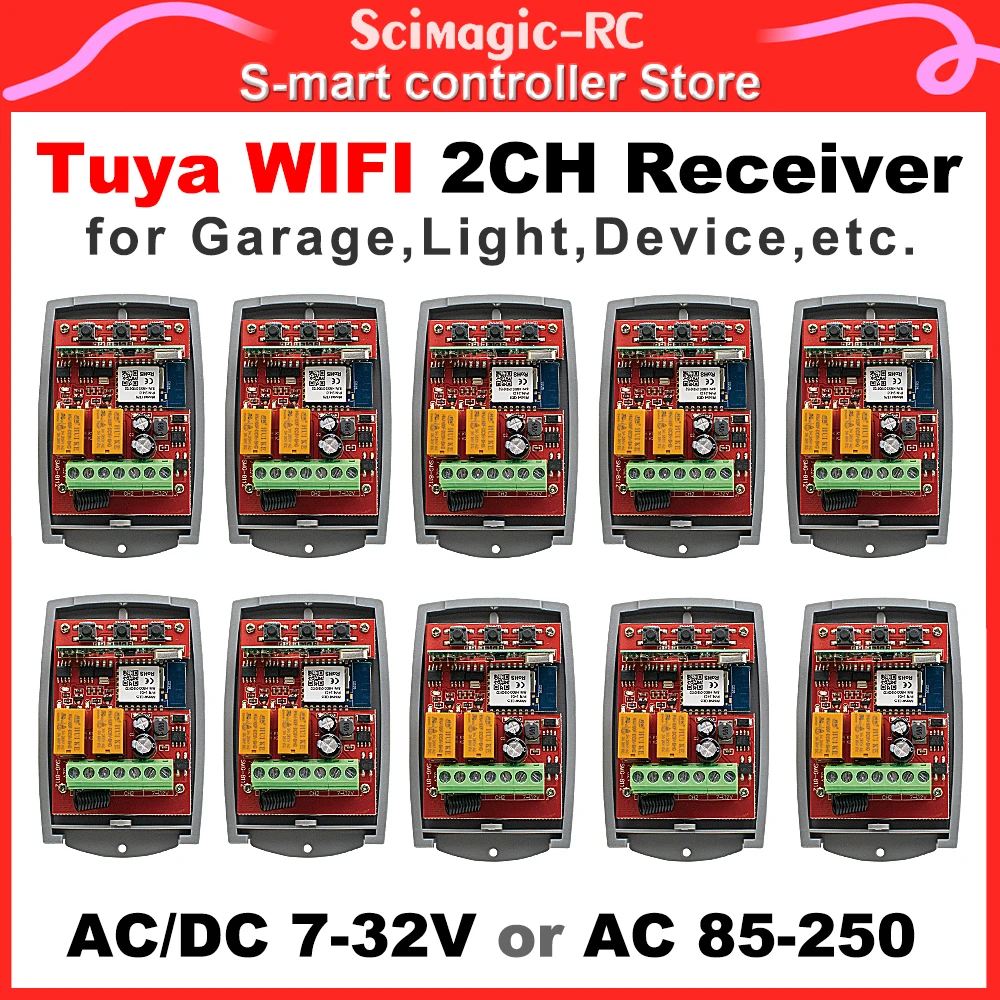 1/10pcs Tuya WIFI 2CH Receiver for Garage Door,Gate,Light Device Compatible 433.92mhz Learning/Fixed/Rolling Code Remote Control