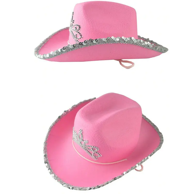 Pink west Cowgirl Hats for Women Cow Girl Hats Tiara Feather Felt Western Sequin Cowboy Hat Costume Party Play Dress Cap