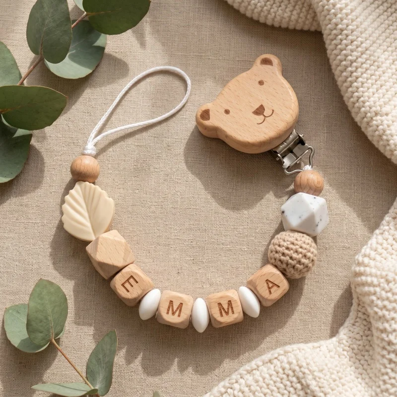 Gepersonaliseerde fopspeenclip met aangepaste naam, siliconen houten kralen, baby-bijtringketting, fopspeenhouder, BPA-vrij, kraamcadeau voor pasgeborenen