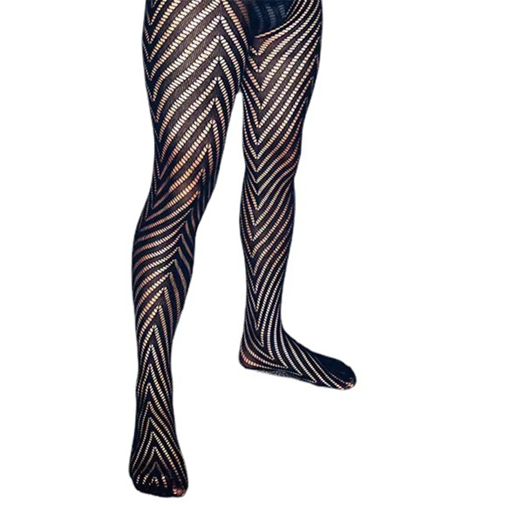 Sexy Men Sissy Pantyhose Lace Fishnet Body Stockings Transparent Hollow Out Tights Pants Ultra-thin Sheer Mesh Erotic Wear