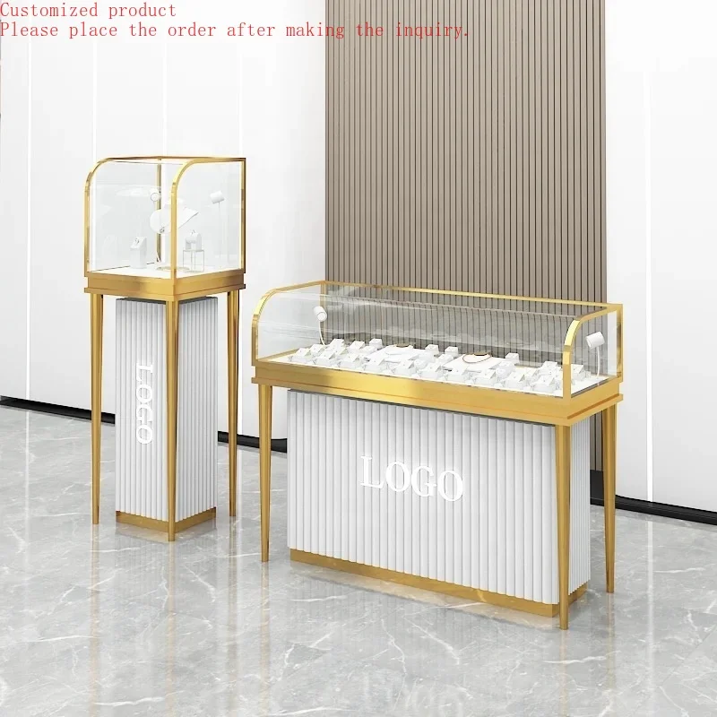 

Custom.Jewelry Shop Counter Curve Design Elegant Luxury Jewelry Glass Showcase Gold Display Cabinet Jewellery Shop Display Table