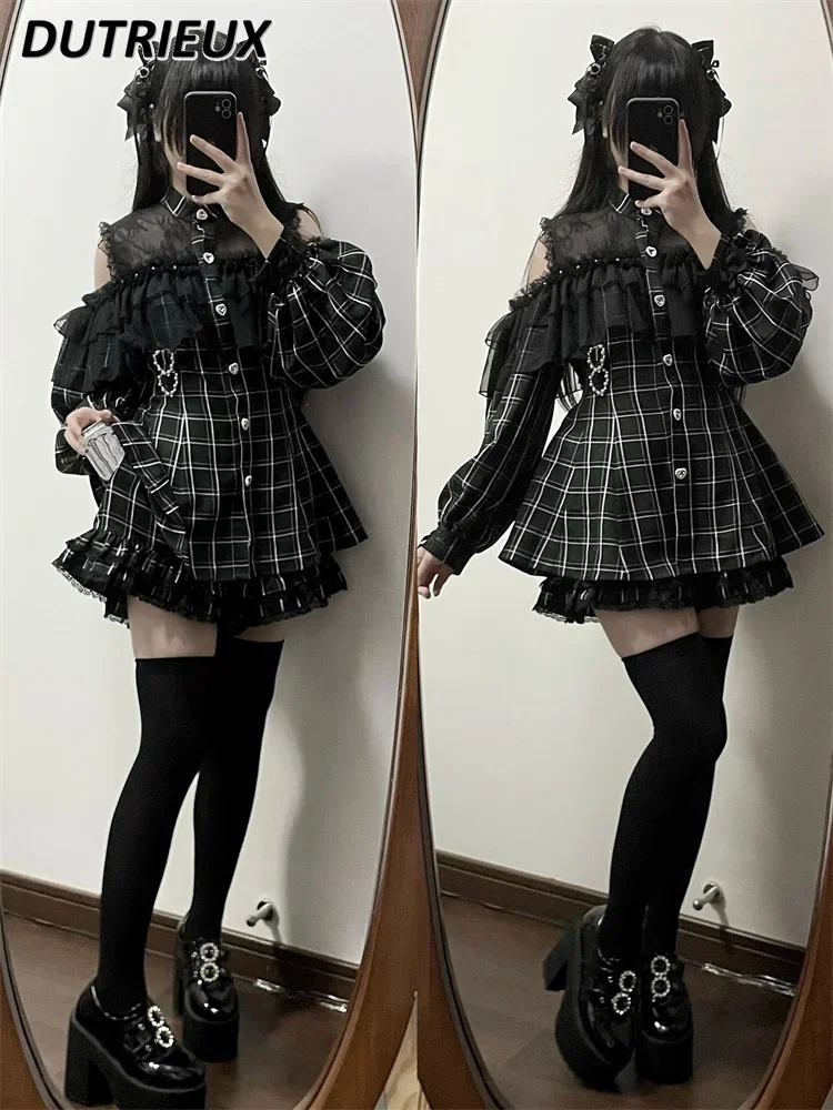 Mine Series Mass-produced Original Japanese Off-shoulder Cape Long-sleeved Top Black Single-breasted Sweet Shirt and Shorts Set