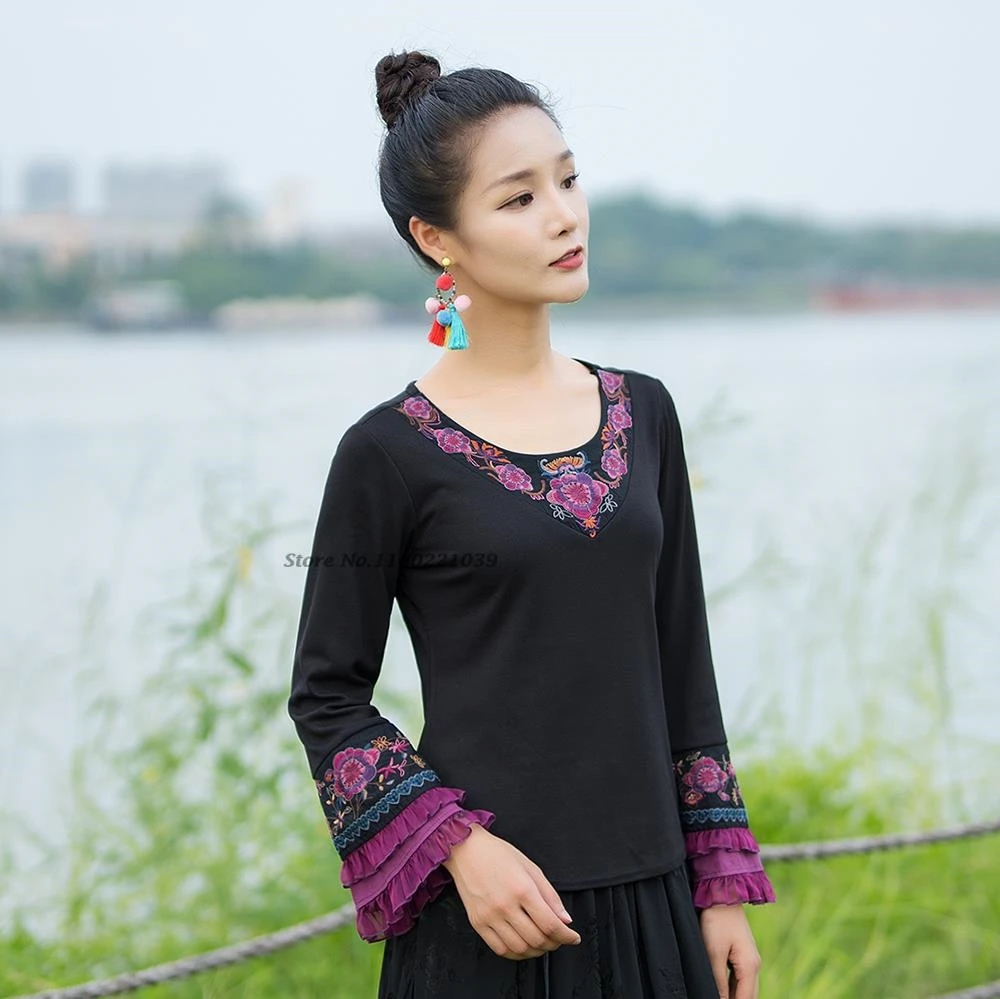 2025 национальная цветочная вышивка с круглым вырезом, народная рубашка, ретро топы ханьфу, женская винтажная рубашка в этническом стиле, традиционная этническая футболка