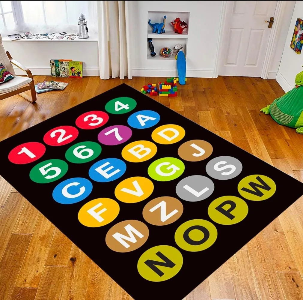 Living Room Mat 1-7 Numbered Colored Circles Printed Large Rectangular Carpet Scattered ABC Alphabet for Apartment Playroom