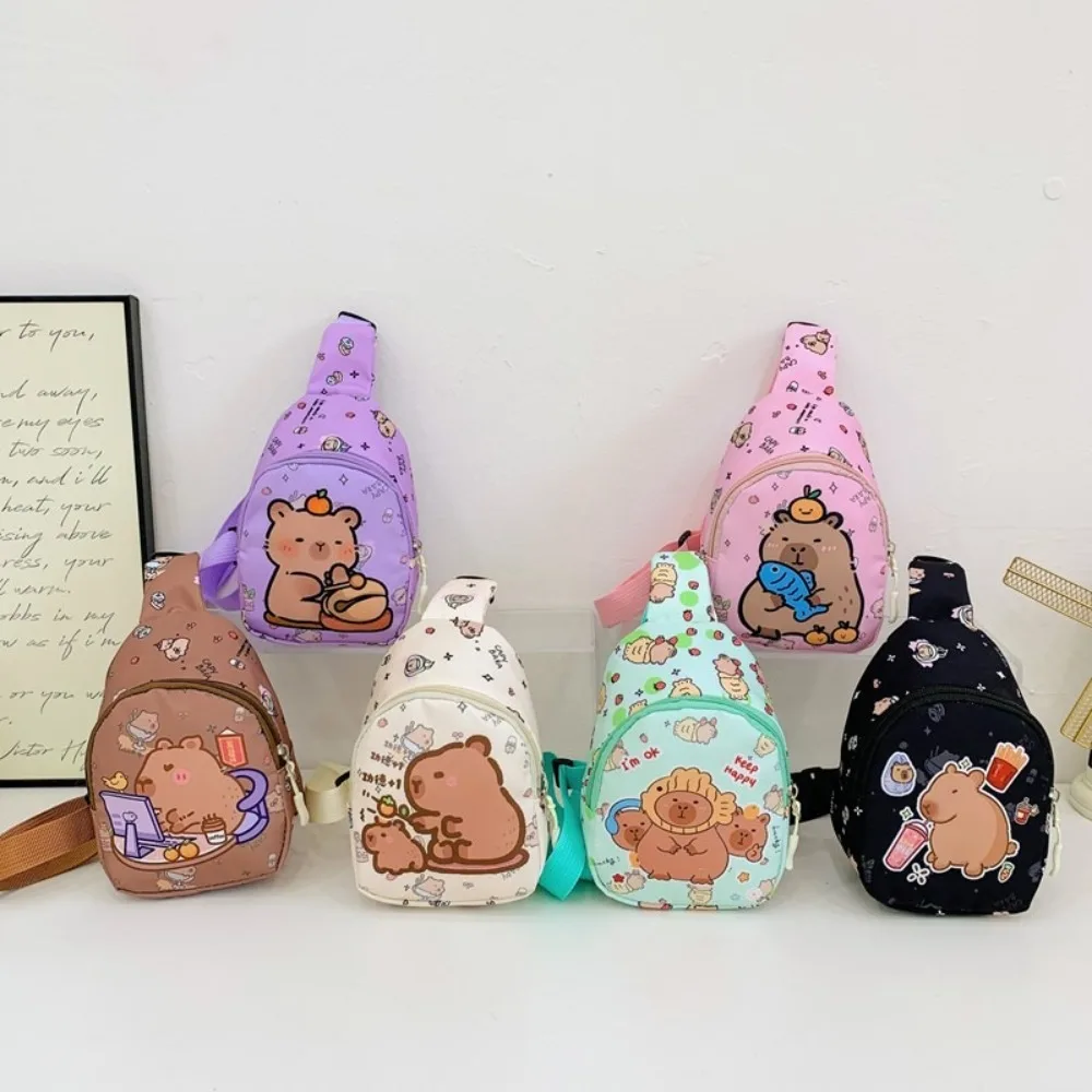 Cute Capybara Crossbody Bag Multi-functional Nylon Shoulder Bag Zipper Print Pattern School Backpack for Kindergarten Children