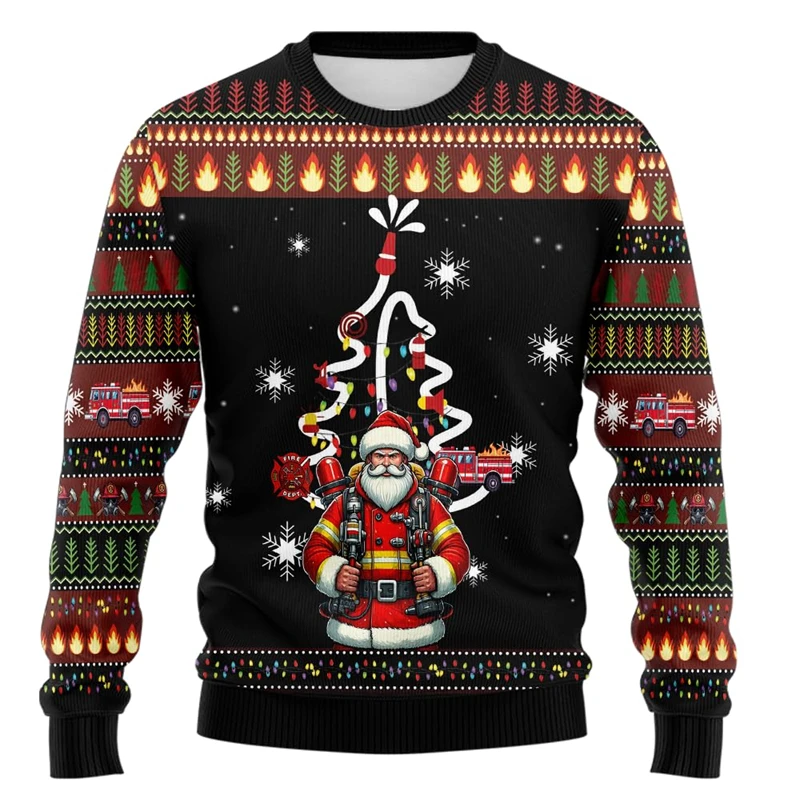 Firefighter Santa Claus Graphic Sweatshirts Fireman Car Ugly Christmas Sweater Fashion Job Tracksuit Funny Gifts Pullovers Tops