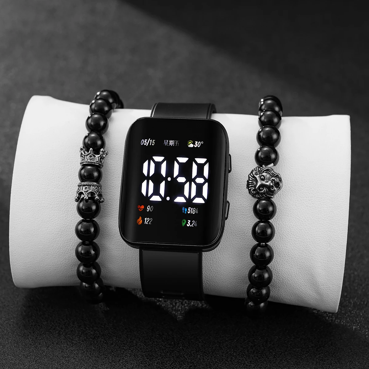 Simple and stylish LED electronic watch+crown&lion head bead bracelet set.