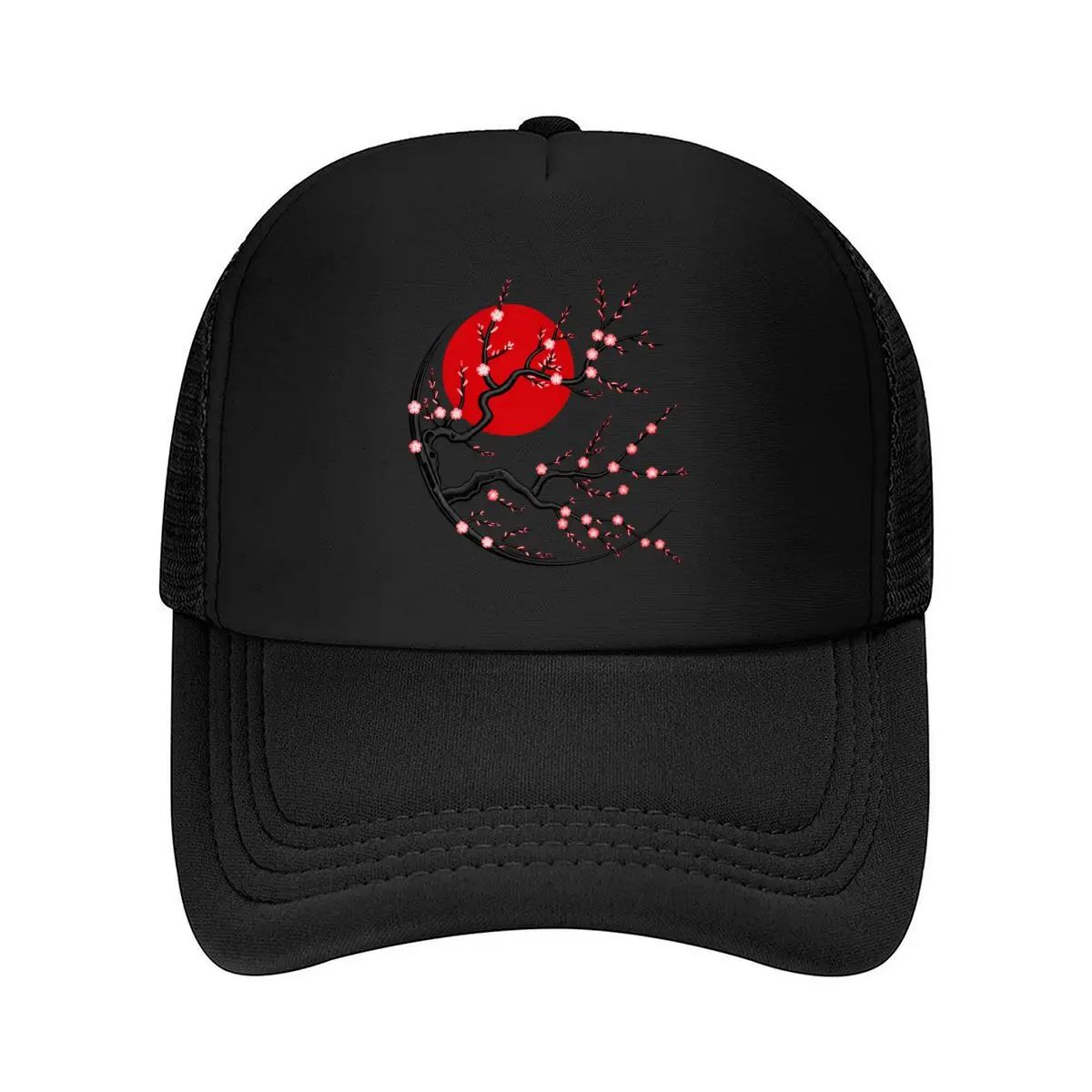 Cherry Blossom Branches Red Sun Floral Design Mesh Baseball Cap Hip Hop