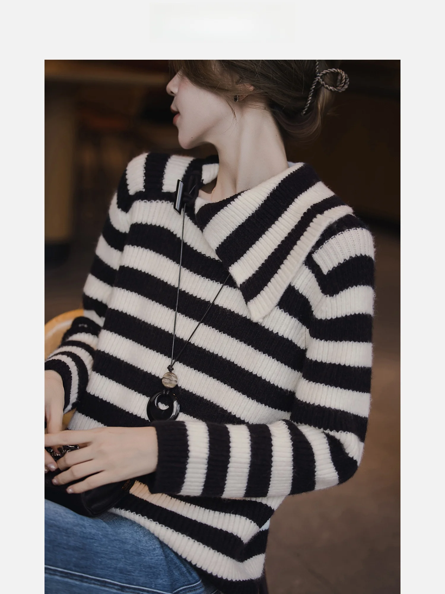 

Casual Piano Key Pattern Knitted Sweater Women's Autumn Winter New Sle Versatile ort Sve Turn-down Collar Top