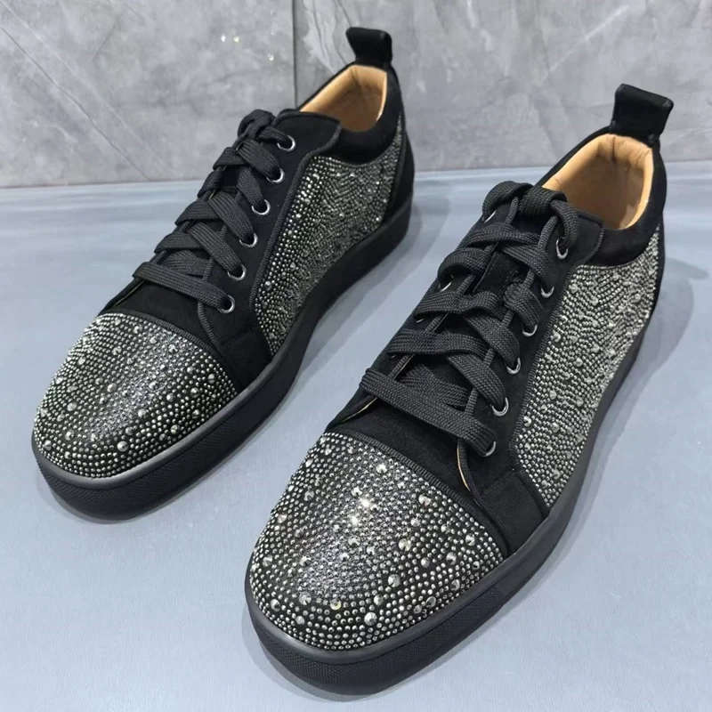 New Fashion Rhinestone Sneakers Men Luxury Low-top Casual Sneaker Lace-up Leather Shoes Leisure Flats Mens Crystal Shoes