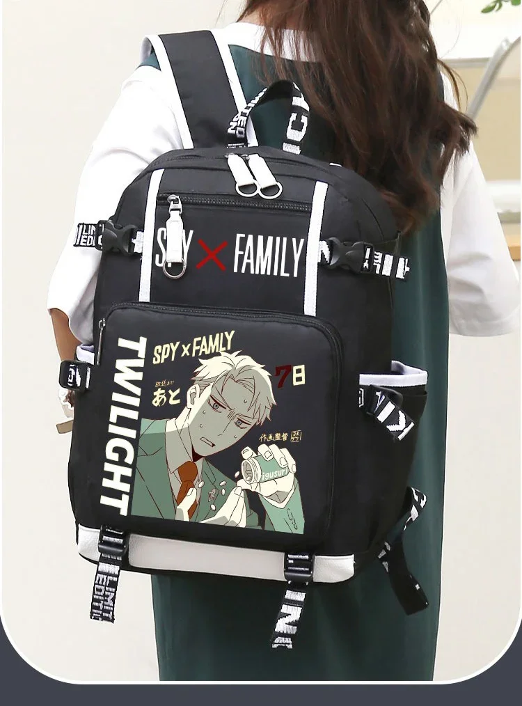 Atmungsaktives Mesh, 32×46×14cm Weiß Schwarz, Spy x Family, Schultaschen für Schüler, Kinder, Teenager, große Kapazität, Anime-Rucksäcke für Mädchen und Jungen