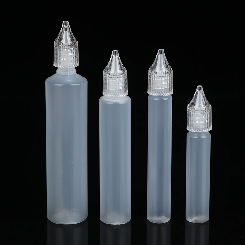 Nachfüllbare Flüssigkeitsflaschen, 5 Stück, 10/15/30/50 ml, Kunststoff-Tropfflasche, leer, lange Flasche in Stiftform für Tinte, ätherisches Öl, Pigment
