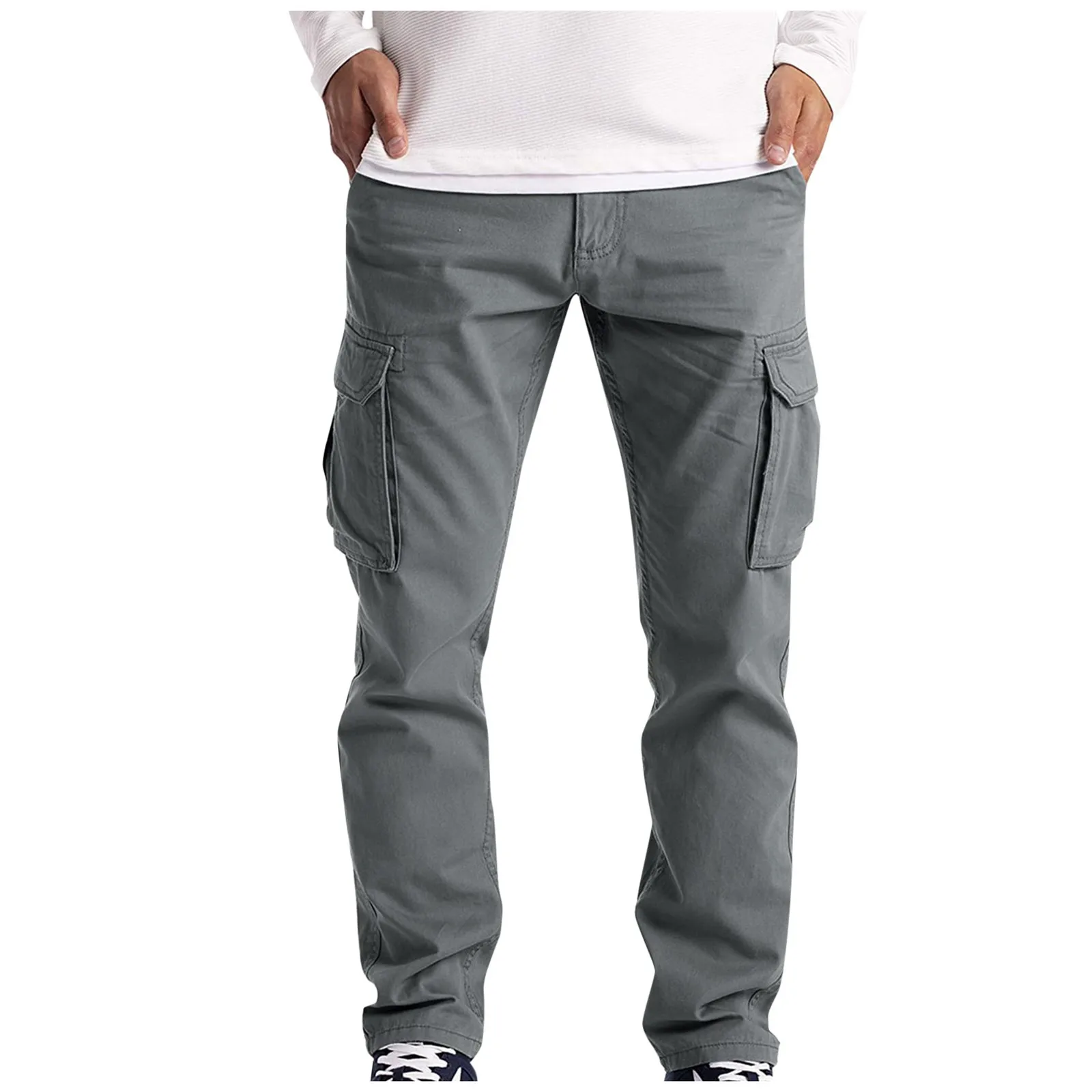 Men'S New Solid Color Cargo Pants Multi-Pocket Elastic Waist Long Casual Pants Men'S Loose Straight Leg All Match Pants