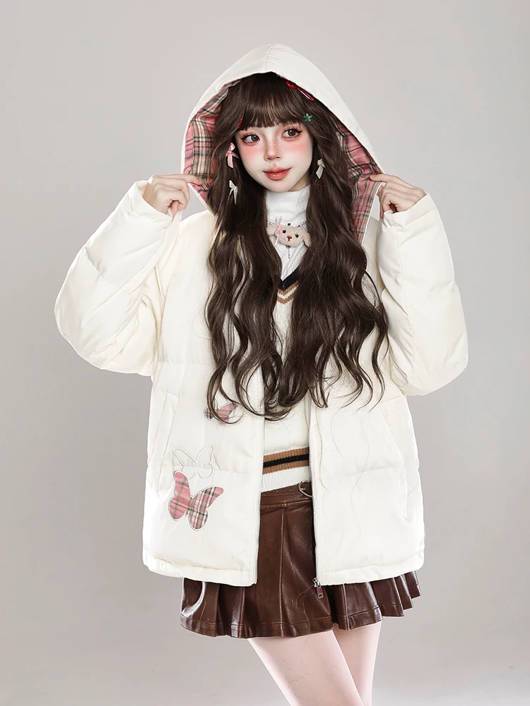 Sweet Cute  Plaid Color Block Hooded Cotton Jacket Women's Winter Loose Casual Thickened Super Beautiful Cotton Coat