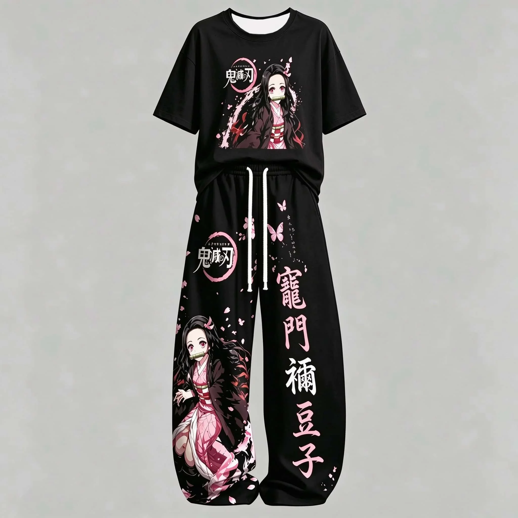 Ghost Slayer Cartoon Printed Loose T-shirt Wide Leg Pants Two Piece Set Y2K Street Leisure Family Set