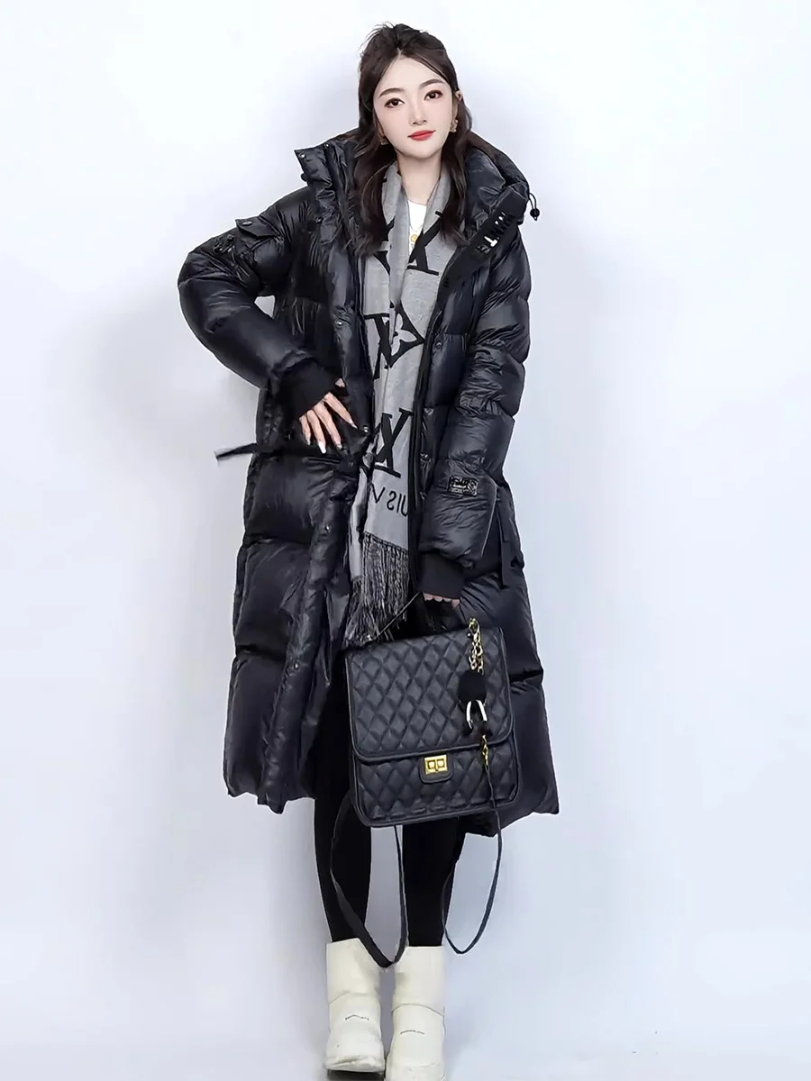

Women's Bla Long Hooded down Jaet White Du Feather Thi Warm Knee-Length Coat Casual Sle Fitted Version Winter New A...