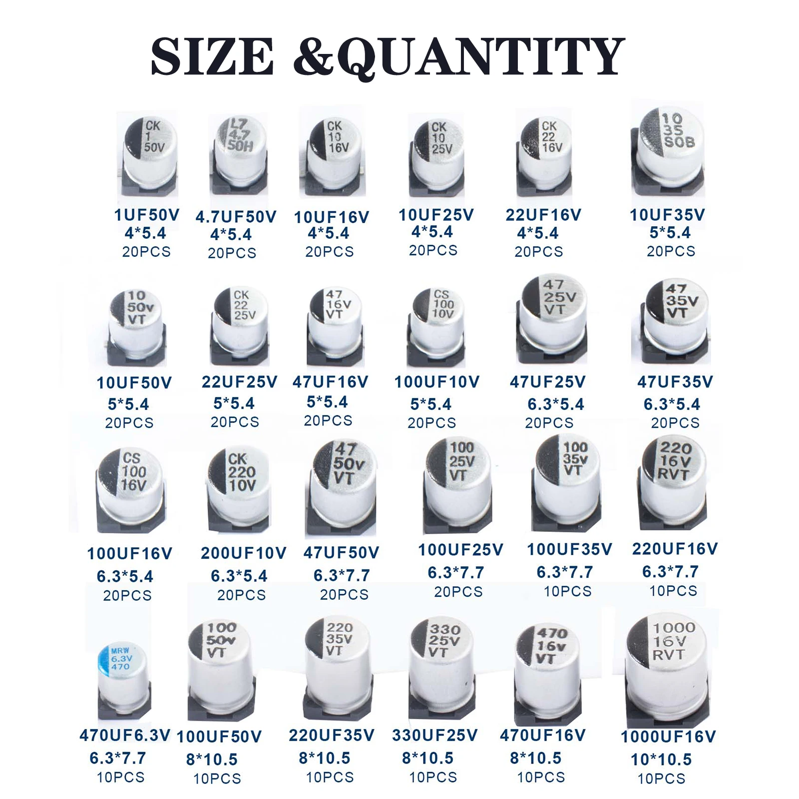 مجموعة متنوعة من المكثفات الإلكتروليتية 24 قيمة SMD تجاوز ألومنيوم منخفض التردد مع صندوق تخزين 1 فائق التوهج - 1000 فائق التوهج