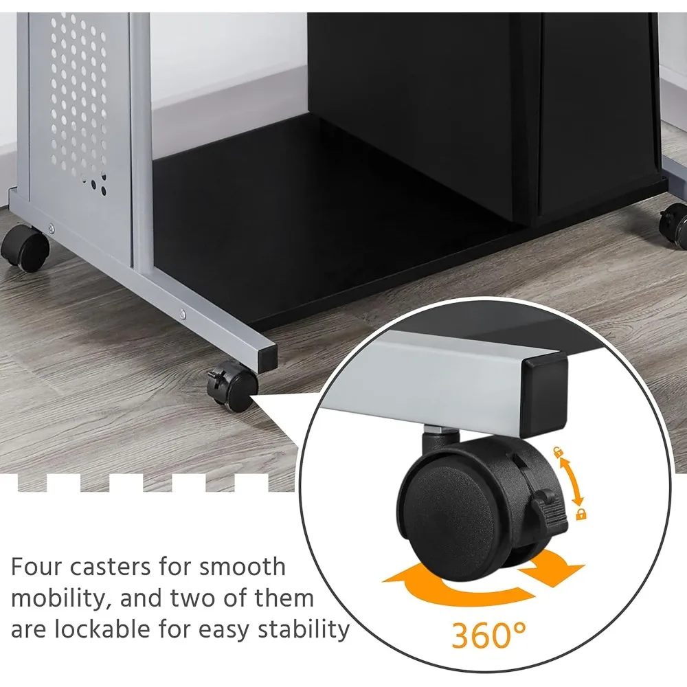 2-Tier Mobile Computer Desk with Printer Shelf Keyboard Tray Compact Rolling Workstation for Small Spaces & Home Office