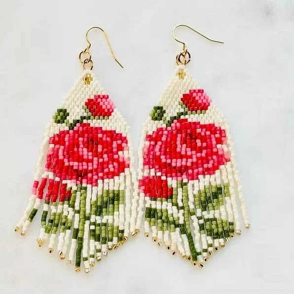 

Handmade Beaded Earrings Original Flower Pattern Bohemia Gradient Color Hand-woven Fashion Tassel Beaded Earrings for Women