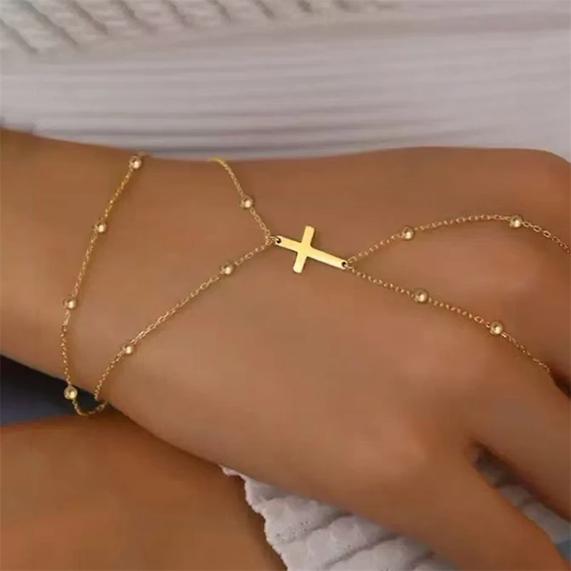 Multilayer Vintage Thin Chain Connected Finger Ring Bracelets for Women Cross Beads Link Chain Bangles Party Minimalist Jewelry