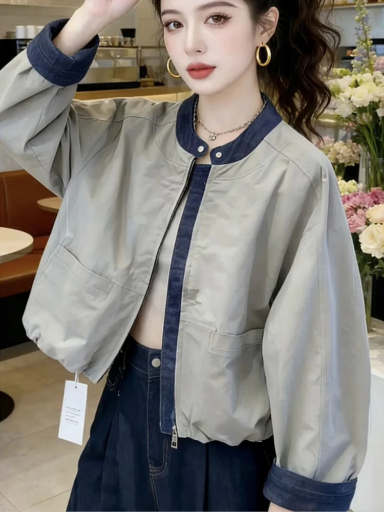 Women's Korean Style Denim Patchwork Baseball Jacket Loose Stand Collar Slim Fit Casual Spring Outerwear