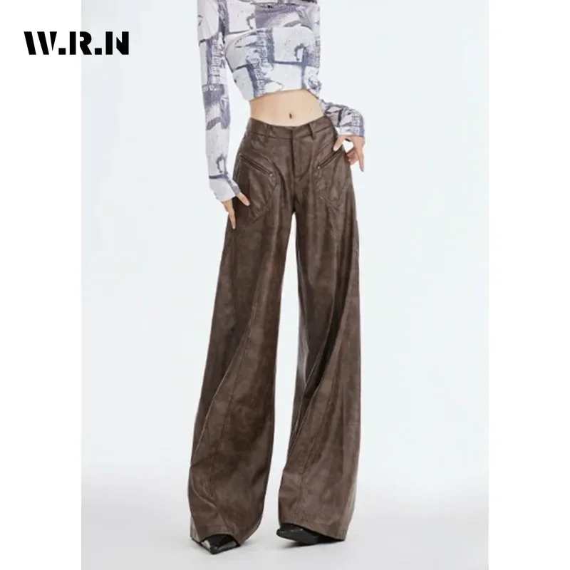 

2023 Winter Casual Pockets High Waist Wide Leg Leather Pants Women's Fashion Retro Loose Clubwear Grunge Full Length Trousers