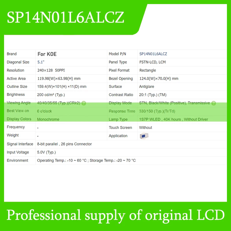 SP14N01L6ALCZ Painel de tela LCD original de 5,1 polegadas para KOE novo e envio rápido 100% testado