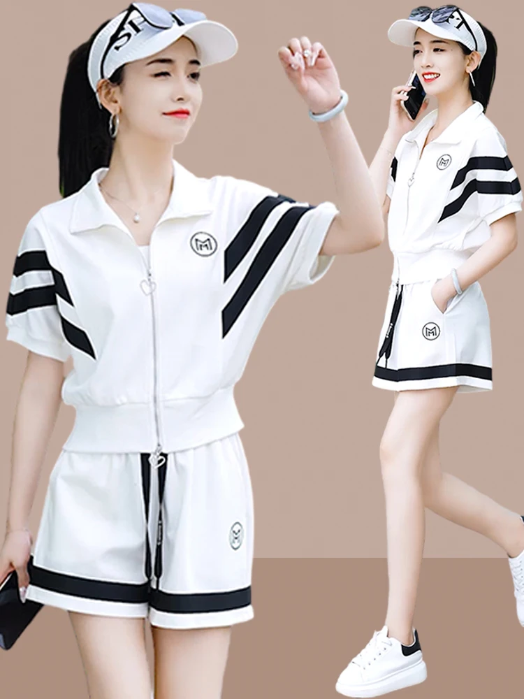 

Summer 2025 Women's Sportswear Set Casual Stylish Short Sleeve Shorts Running Two-Piece Set Trendy Flounce Collar Casual Outfit