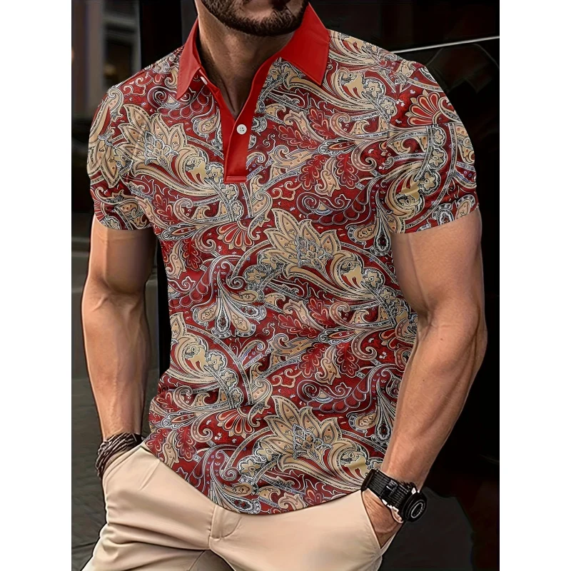 Men's paisley pattern allover print golf shirt, casual short sleeve top for summer outdoor