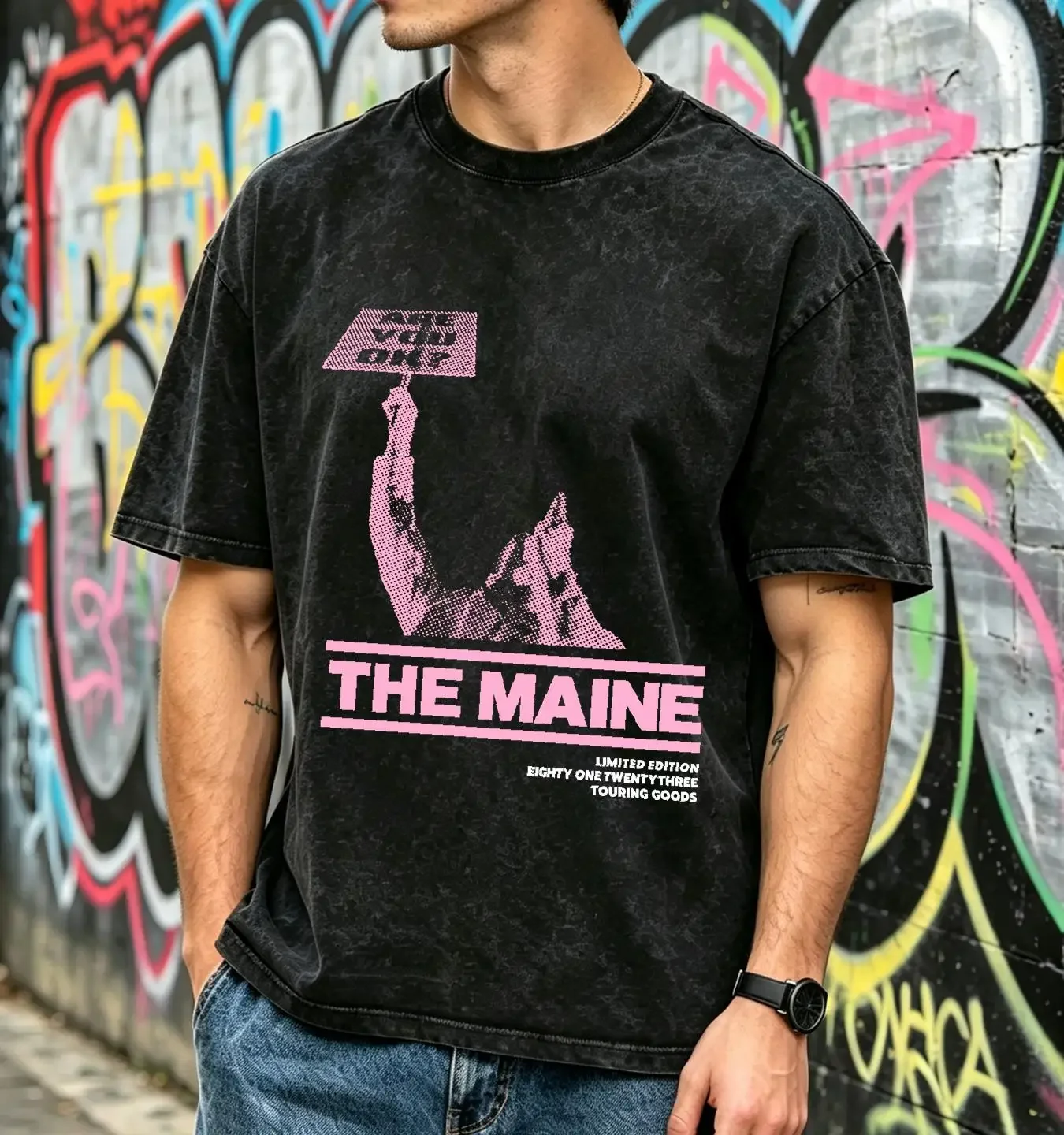 washed T Shirt The Maine Adult Medium Black Are You Ok American Rock Band Mens long or short sleeves vintage Washed Versatile