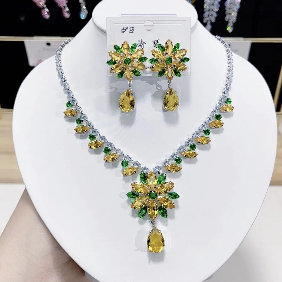Luxury Handmade Jewelry Set Cubic Zirconia Flower Necklace Earrings Sets 925 Sterling Silver Posts Women Party Jewelry Gift
