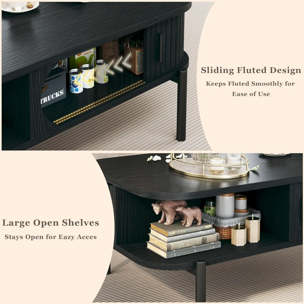 Mid Century Modern Coffee Table with Storage Open Shelf for Living Room, Fluted Design Coffee Table