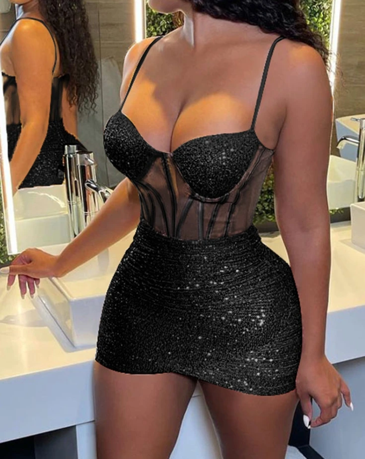 Sex Dresses Women Contrast Mesh Cami Allover Sequin Night Out Mini Dress 2024 Latest Low Cut Spaghetti Strap Skinny Party Skirt