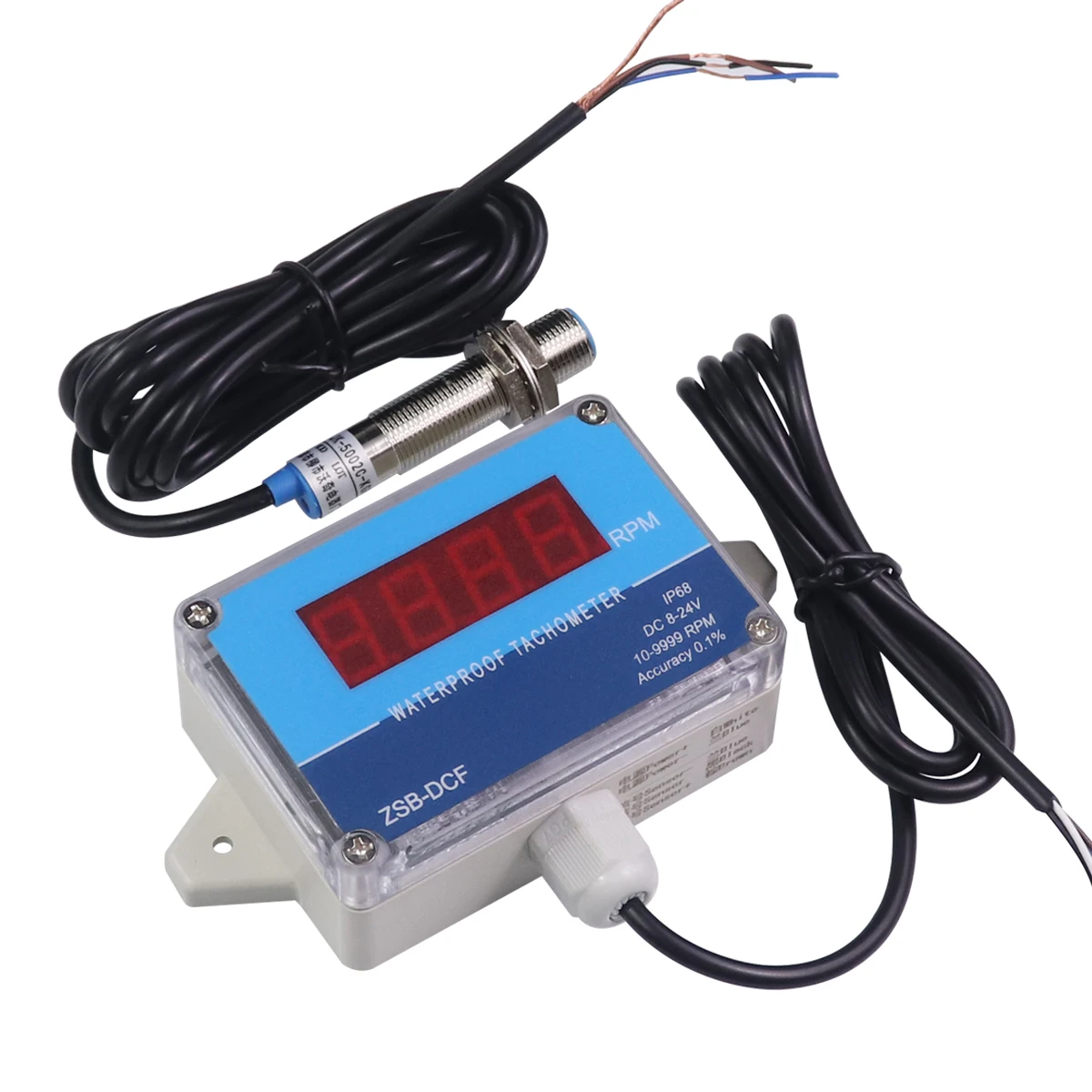 IP68 مقاوم للماء قاعة مقياس سرعة الدوران الرقمي LED سرعة المحرك متر فاحص NPN التبديل تيار مستمر 8-24 فولت 10-9999 دورة في الدقيقة