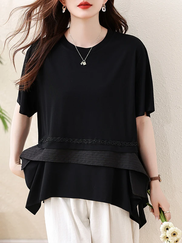 

Casual round Neck Splice Short Sleeve T-Shirt plus Size Women's Loose Fit Summer Versatile Irregular Top Commute Artistic Style