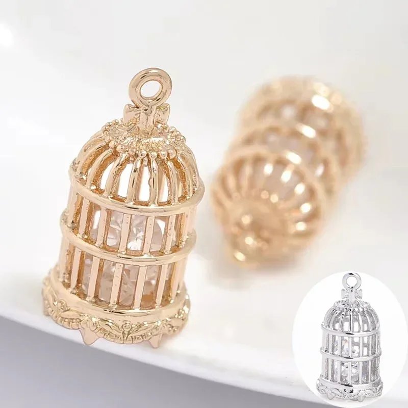 

(1633) 4PCS 11x21MM 24K Champagne Gold Color Plated Brass with Zircon Bird Cage Charms Pendants High Quality Jewelry Accessories