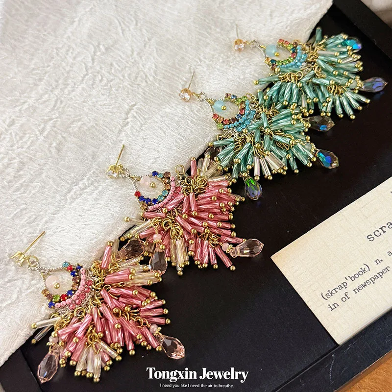 Crystal veil retro national style blue beaded earrings senior sense of a small earring temperament earrings