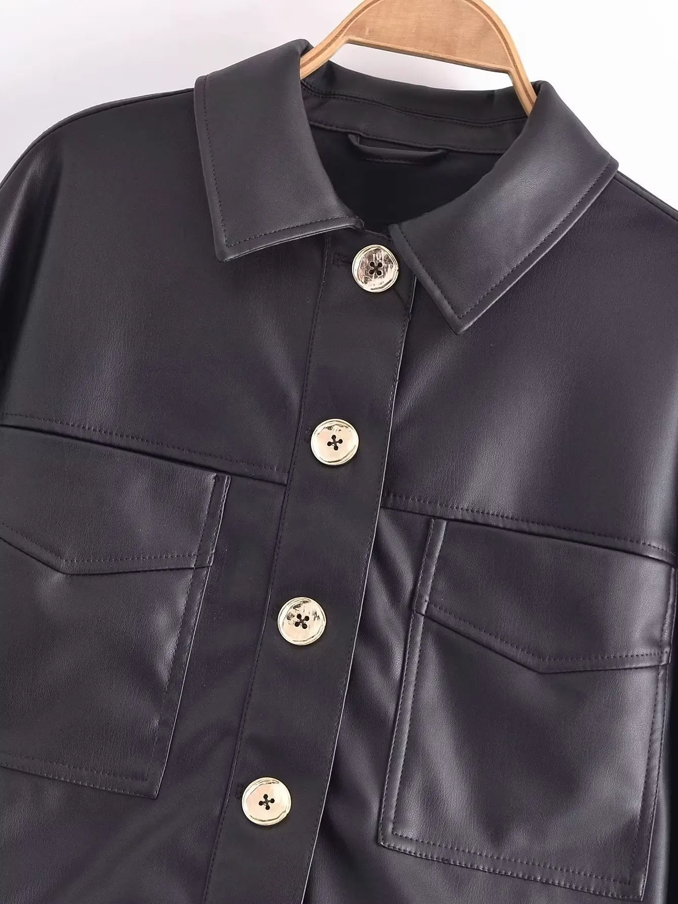 Giacca da donna in ecopelle con bottoni dorati nuovi, decorazione tascabile, temperamento corto, Design in tinta unita, giacca retrò femminile Chic