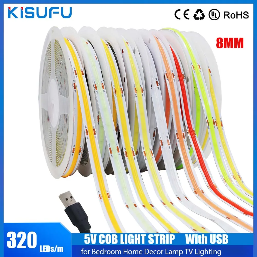 DC 5V LED COB Strip Light 320Leds/M Width 8mm High Density With USB Flexible Tape Lights for Bedroom Home Decor Lamp Lighting