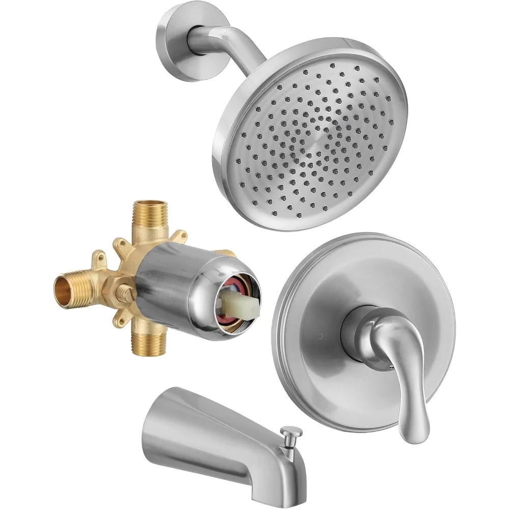 

Complete Brushed Nickel Tub and Shower Faucet Set with Single Handle and Valve
