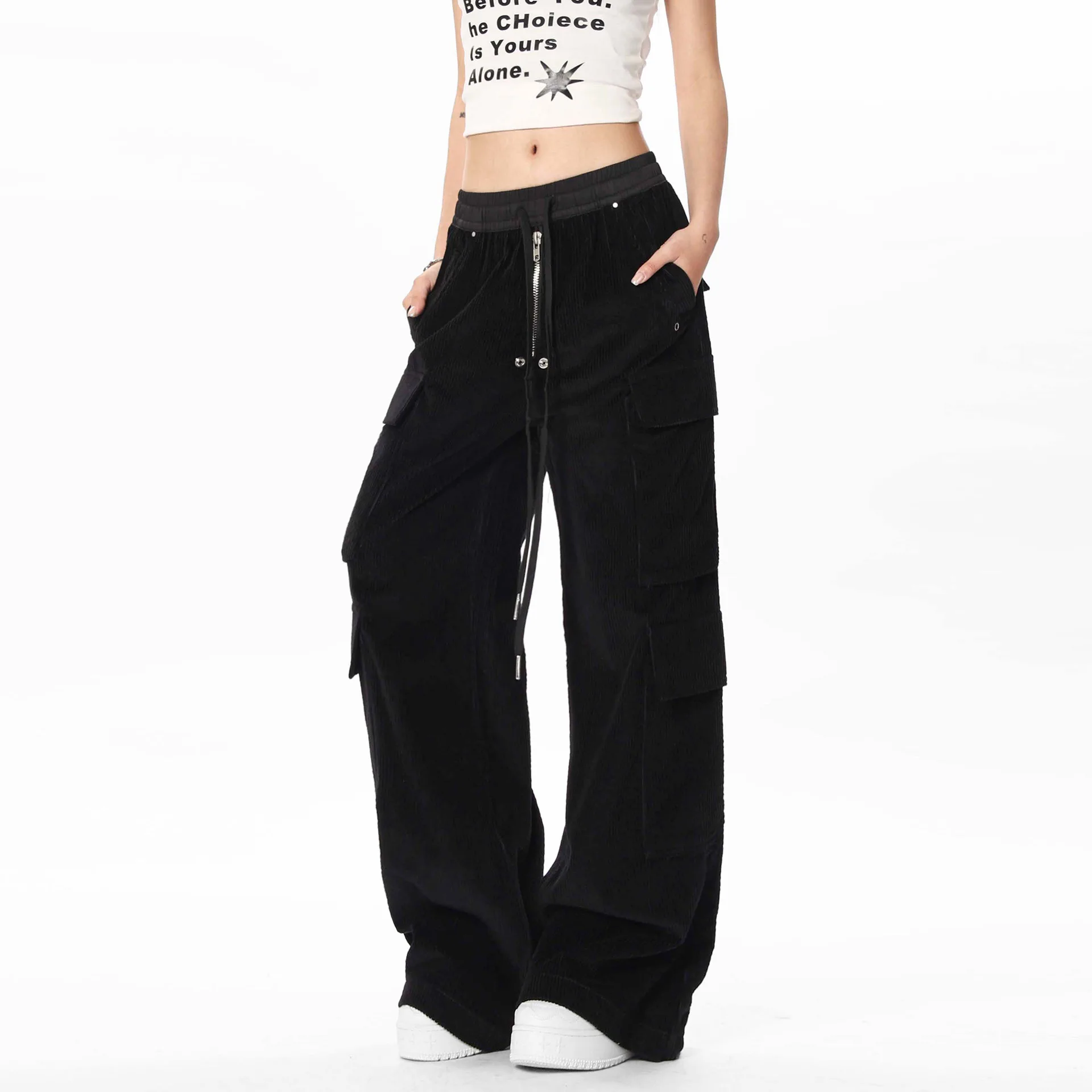OR FL Retro Staraight Multiple Pockets Corduroy 100 Cotton Women Cargo Trousers Trendy Brand Splicing Design Women's Y2k Slacks
