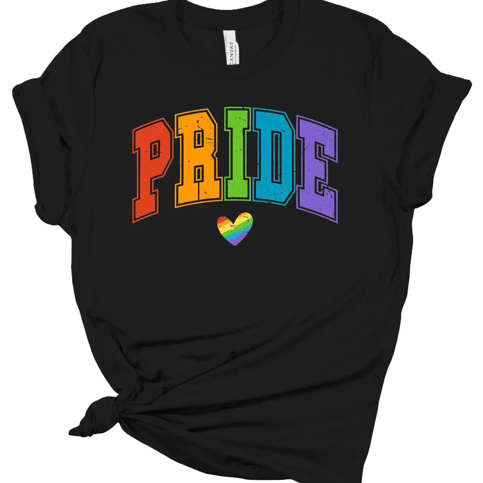Pride Rainbow Heart T Shirt Distressed Vintage LGBT Colorful Block Letter Gay vintage Washed Stretched Unisex fashion