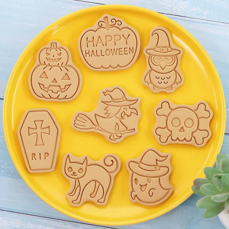 Halloween Cookies Cutters Plastic Pumpkin Cartoon Pressable Biscuit Mold Confectionery Fondant Cookie Stamp Baking Pastry Tools