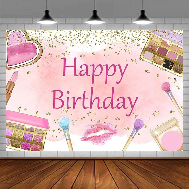 Make Up Spa Happy Birthday Photography Backdrop Pamper Party Decorations For Girl Pink Blush Pastel Cosmetics Beauty Background