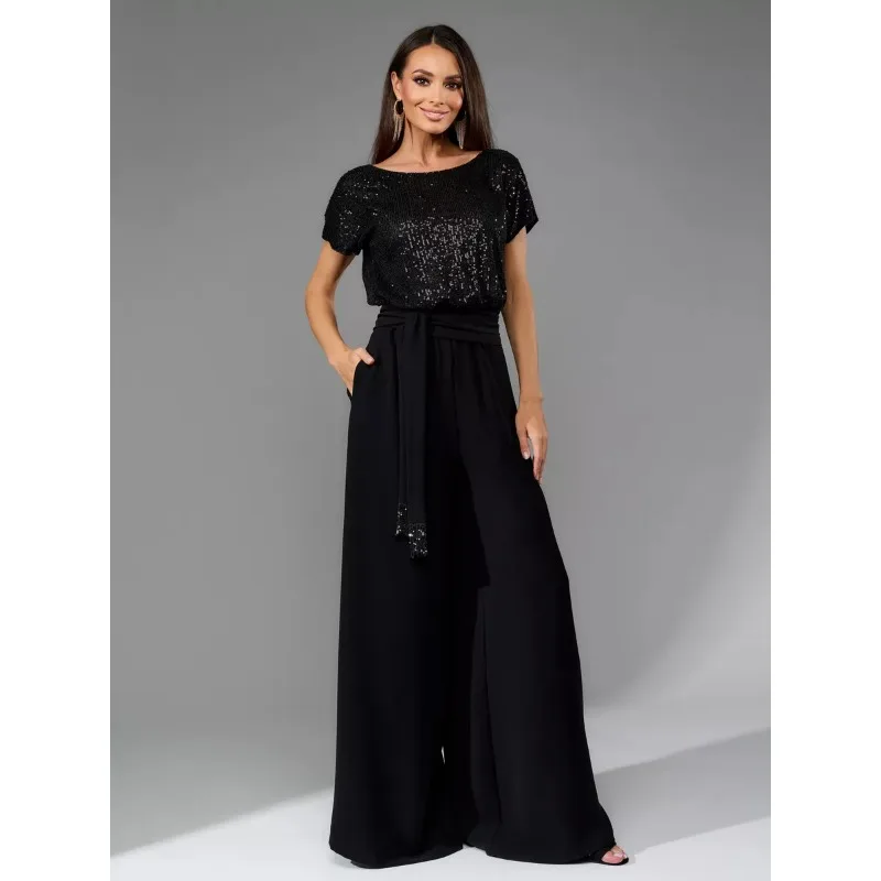

Women Spring Jumpsuit Pants Short-sleeved Sequins New Chic Trendy Minimalist Fashionable Comfortable Versatile Luxurious Casual