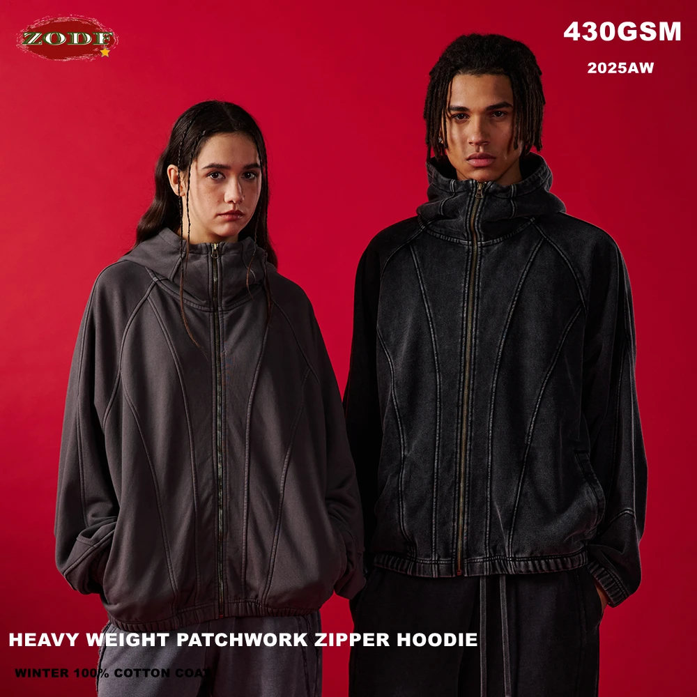 ZODF Winter Washed 430gsm Cotton Zipper Hoodie For Man Unisex Heavy Weight Distressed Raglan Sleeve Patchwork Hooded Coat HY1157