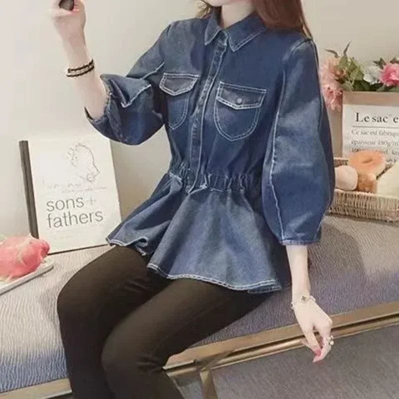 

Fashionable New Design Waist Denim Shirt Women's Retro Tops