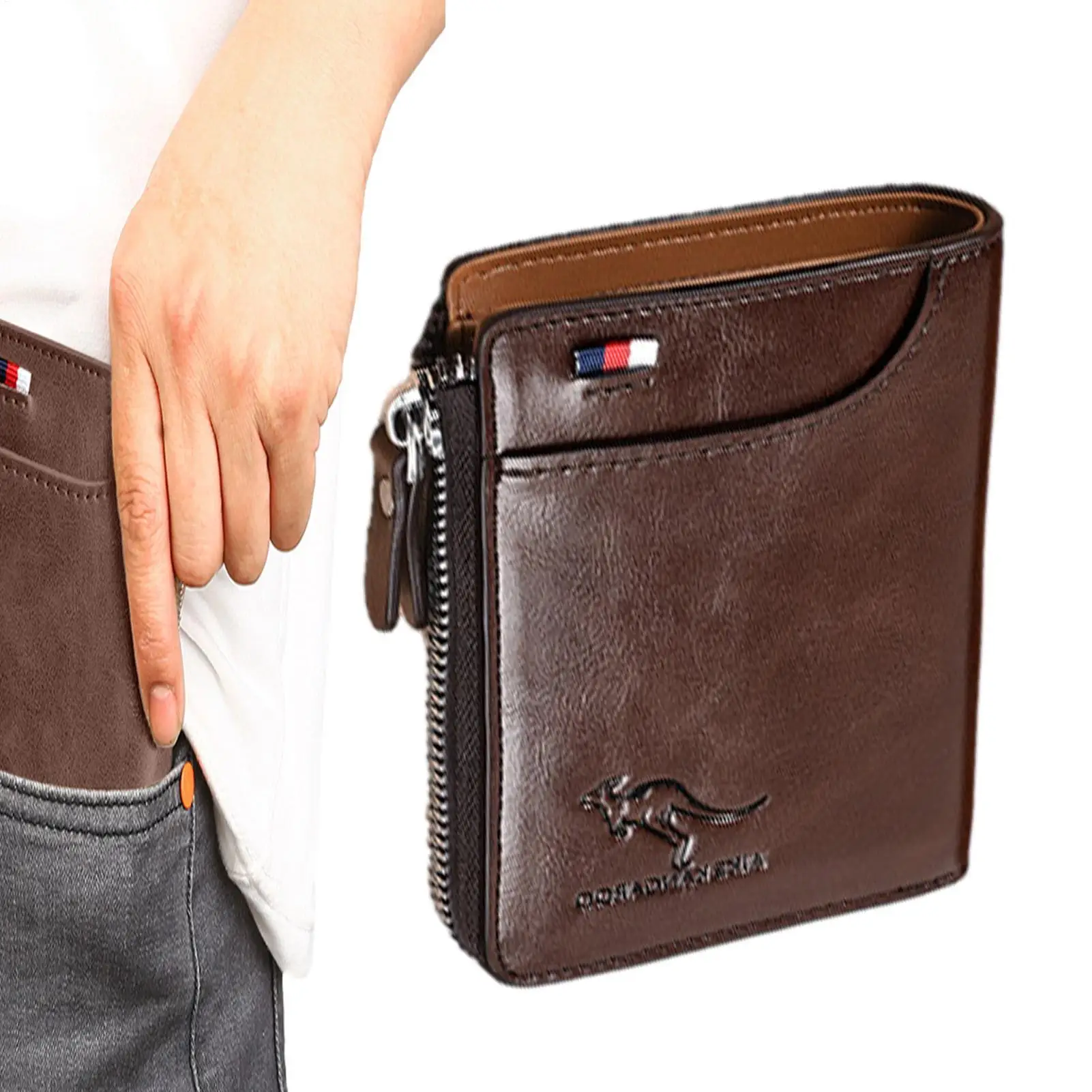 محفظة بسحاب من الجلد الطبيعي للرجال، تصميم قديم مع نافذة لبطاقة الهوية وجيب للعملات المعدنية، محفظة ذات سعة كبيرة للبطاقات النقدية