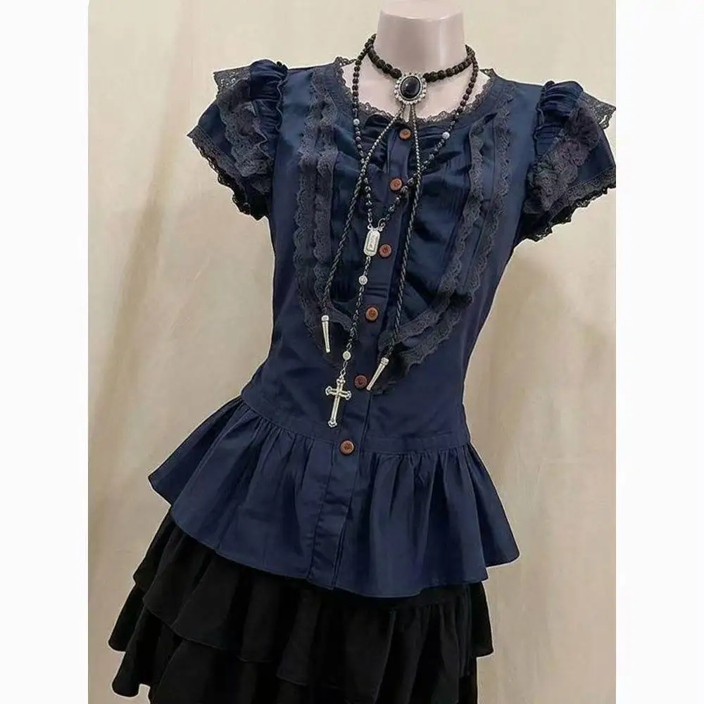 Retro 2000s American Blouse Women Cute Japanese Harajuku Lace Patchwork Slim Pullover Korean Holiday Skin Friendly Chic Wear