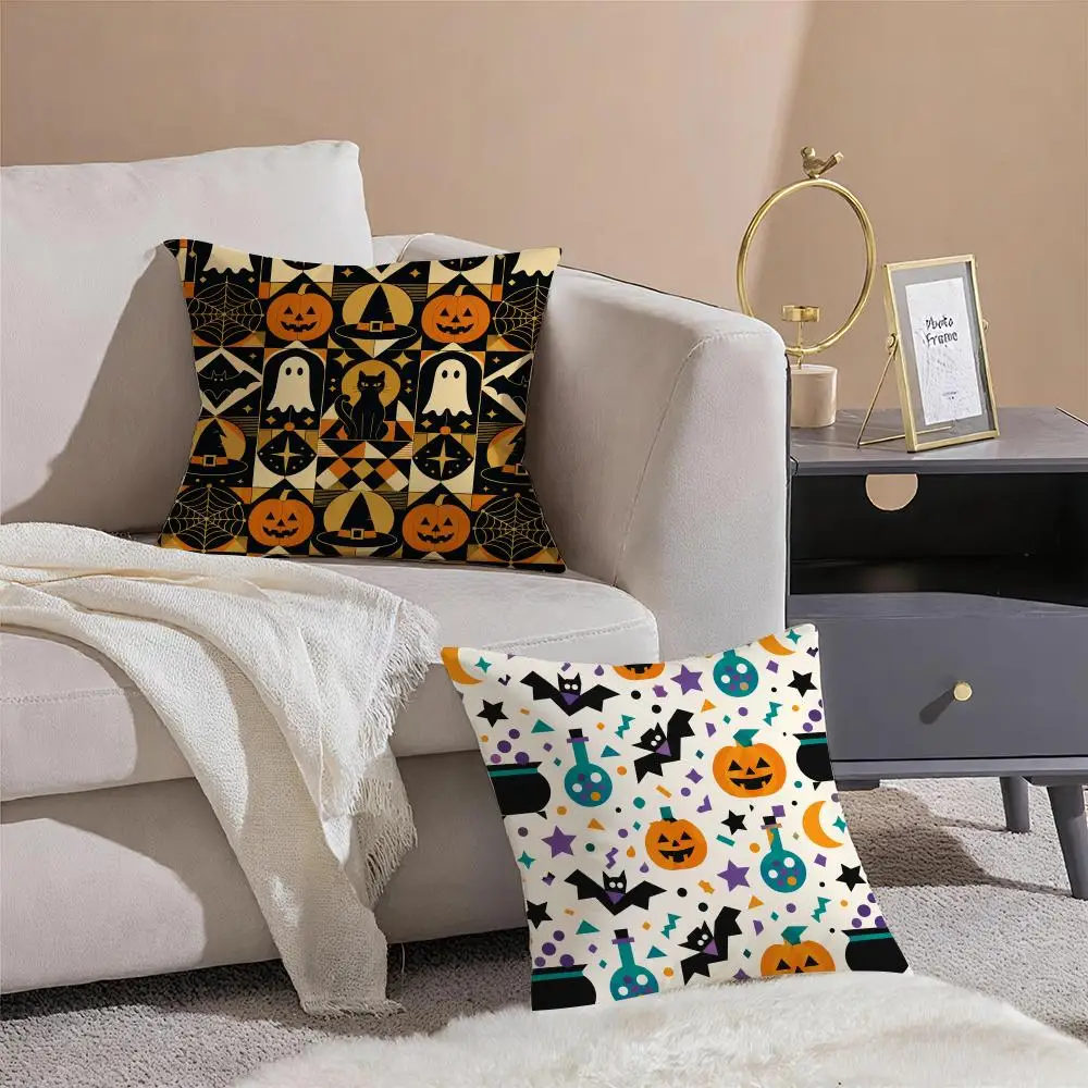 H-Halloween Geometric Pattern Cushion Cover Pillowcase Short Plush Invisible zipper Room Sofa Cushion Cover